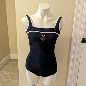 Vintage navy blue with white trim nautical one piece bathing suit size  12